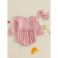 thumbnail image 2 of aturustex Toddler Baby Girls Bubble Rompers Outfits 0 3M 6M 12M 18M Infant Crew Neck Bodysuits Long Sleeve Romper Classic Plaid Jumpsuits with Headbanasual 2Pcs Daily Spring Fall Clothes Set, 2 of 7