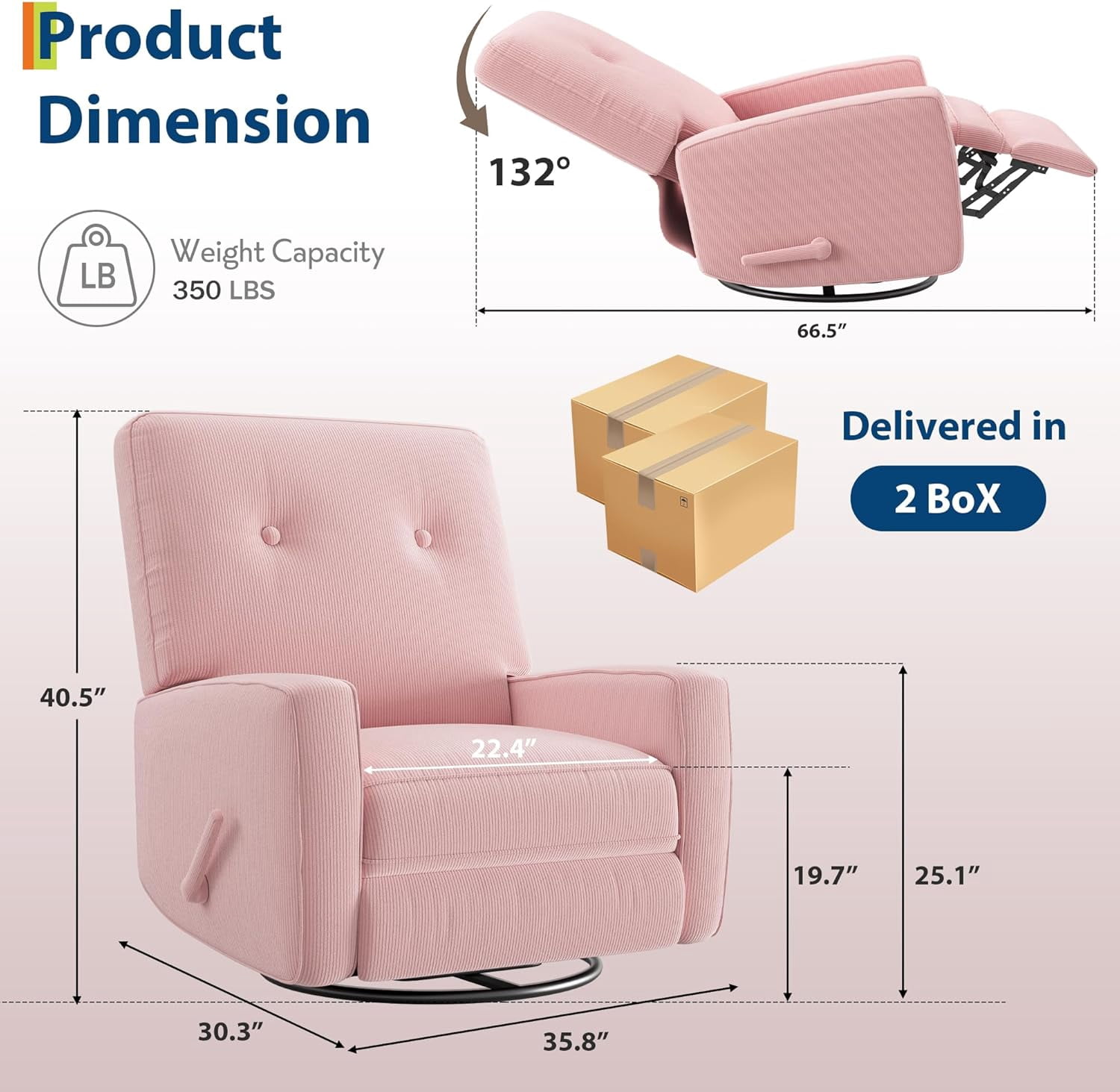 Recliner Chairs, Swivel Rocker Recliner, Glider Recliner Nursery Chair for Adults, 360° Swivel Glider Rocking Chair for Living Room, Bedroom, Office, RV, Small Spaces, Corduroy, Pink