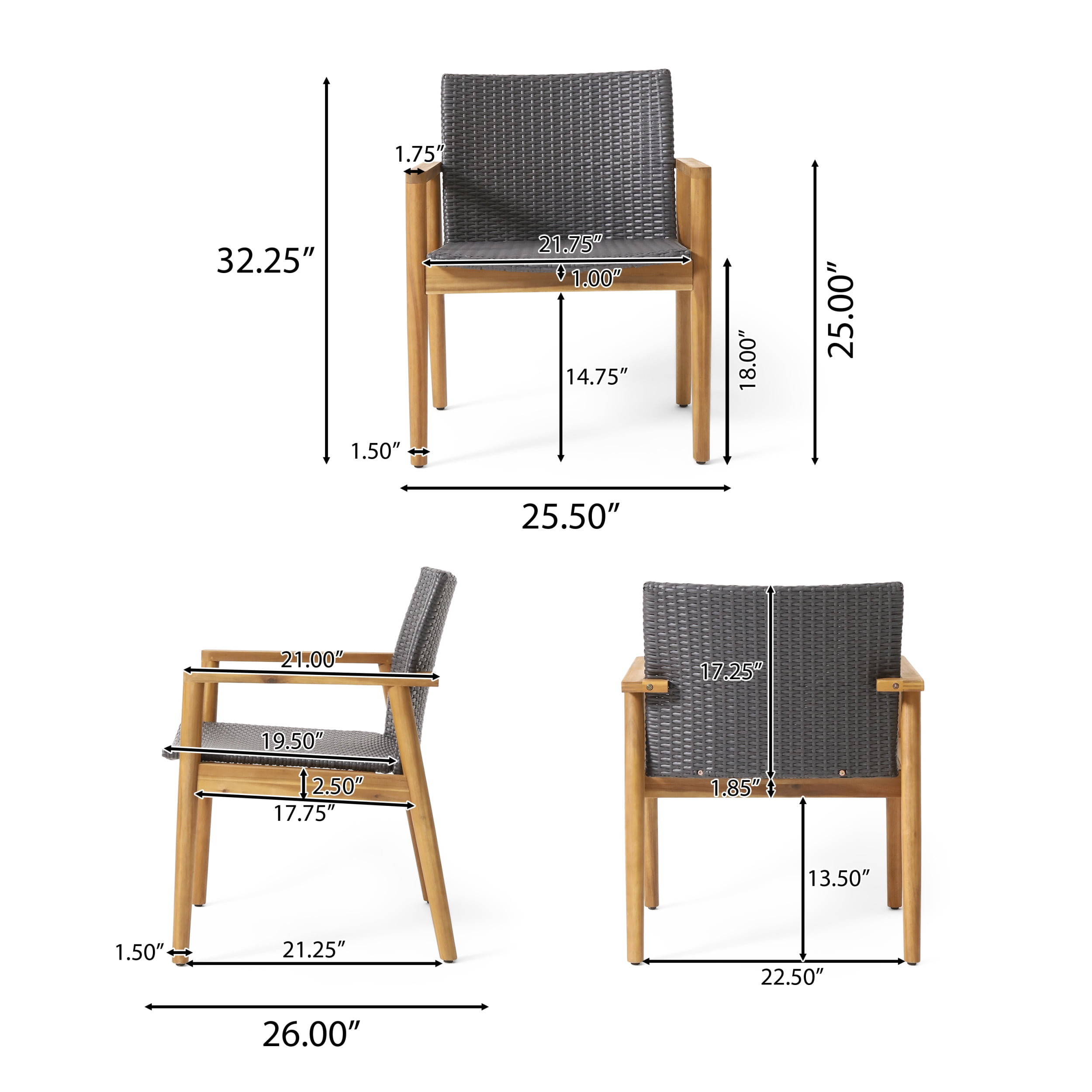Remuda Wicker and Acacia Wood Outdoor Club Chairs, Set of 2, Gray and Teak