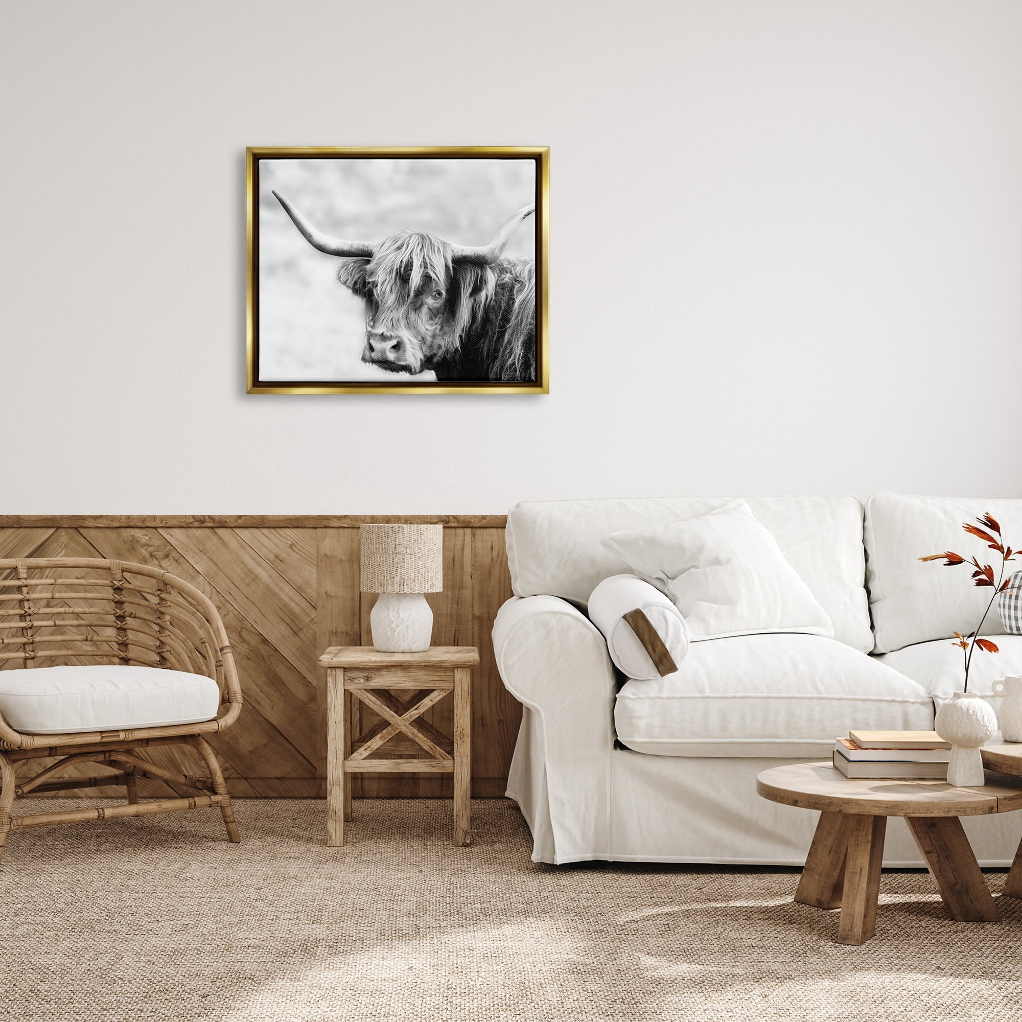 Stupell Industries Bold Country Cattle Black White Photography Wild Animal Metallic Gold Framed Floating Canvas Wall Art, 24x30, by Danita Delimont