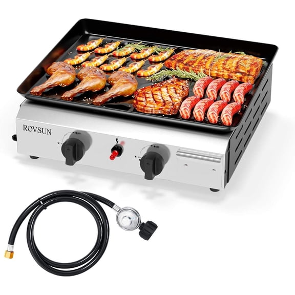 2 Burner Portable Propane Griddle with Nonstick Enameled Tray, 20,000 BTU Tabletop Flat Gas Grill for Outdoor Cooking, Camping, BBQ