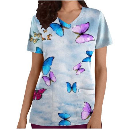 

CYMMPU Short Sleeve Scrub_Tops with Pockets Clearance Women s Nurse Uniform Workwear V-Neck Working Uniform Trendy Clothing Shirts Summer Tunic Fashion Retro Butterfly Printing Light Blue XXL
