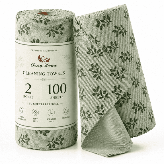 Jessy Home 2 Rolls Reusable Paper Towels, 100 Sheets Washable Microfiber Cleaning Cloths Roll for Kitchen & Household Cleaning