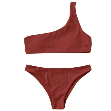 UTSJKR Tummy Control Bath Suit One Shoulder Ribbed Bikini with Bottom 2025 Swimsuits Women High Rise Bathing Suits for Women Coffee M