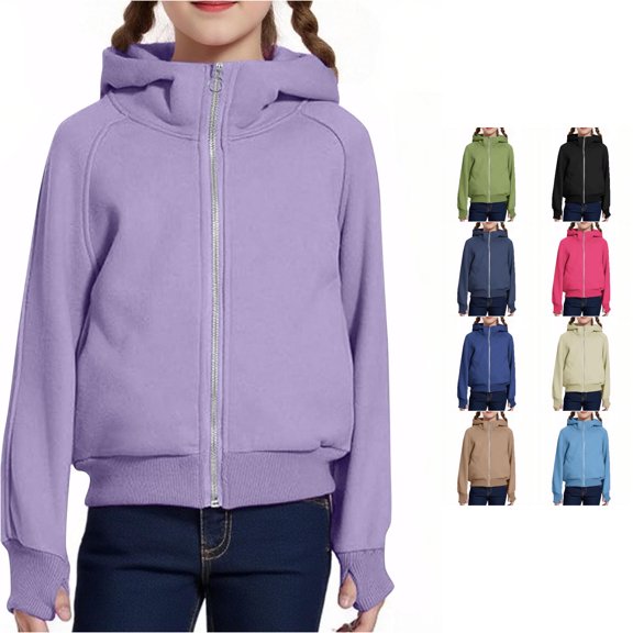 WAYUTE Girls Sweatshirt Rib Knit Zip Up Hoodies Solid Color Raglan Long Sleeve Sweatshirt with Thumb Holes Fall Winter Casual Streetwear,Purple,Size 9-10 Y