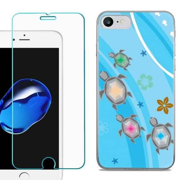 For Apple iPhone 7 / iPhone 8 Case, Slim-Fit TPU Phone Case, with Tempered Glass Screen Protector, by OneToughShield ® - Happy Turtle