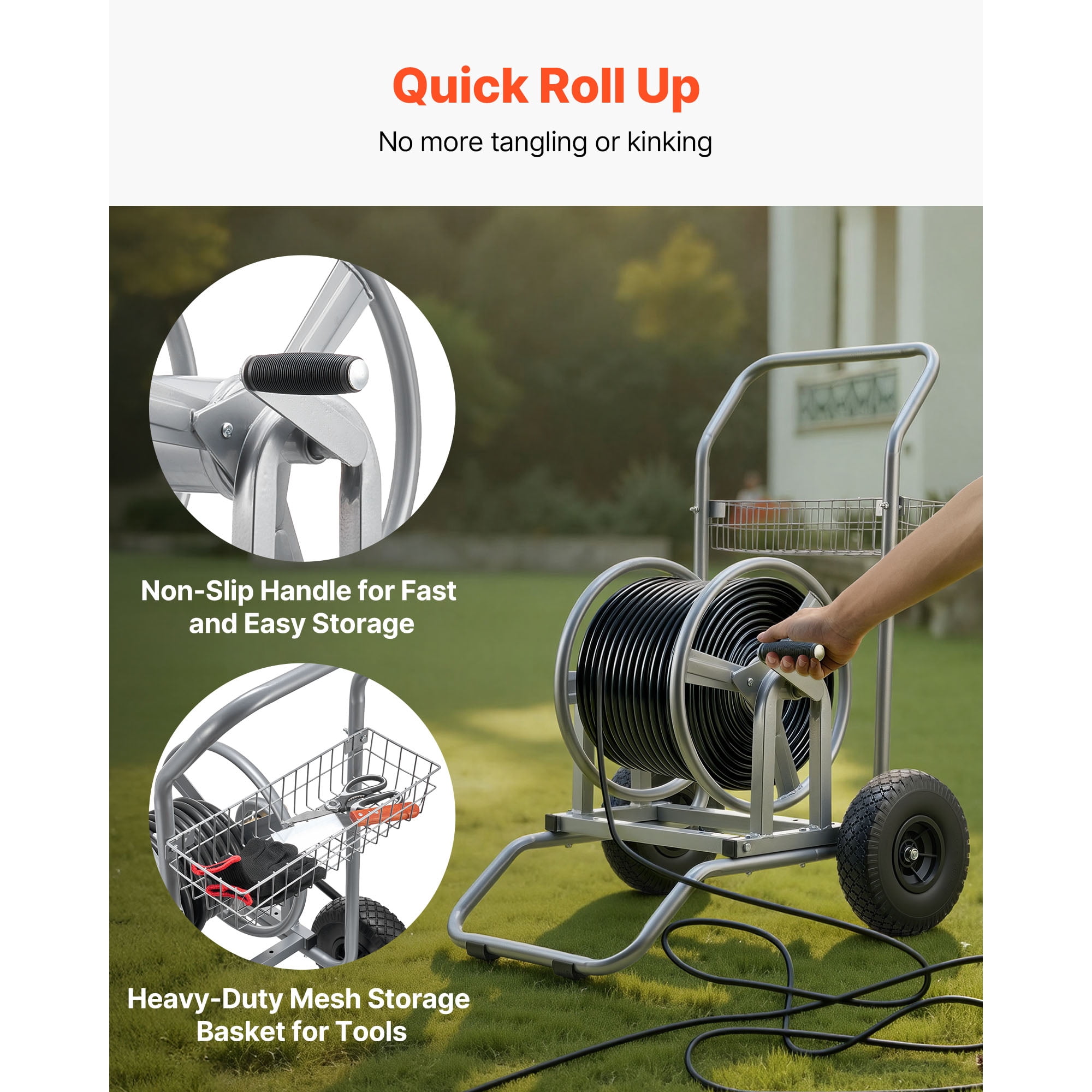 KFFKFF Portable Water Hose Reel Cart, 200/300ft High-Pressure Garden Hose Storage with Two Wheels, Handle & Durable Mesh Basket, Versatile Hose Organizer for Gardening, Vehicle Cleaning, and Pet Care
