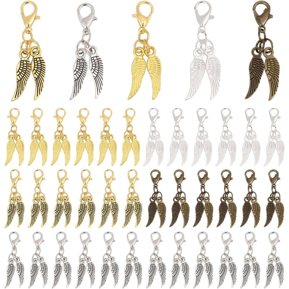 75 Pcs 5 Colors Angel Wings Pendants Angel Wings Clip On Charms with Lobster Clasps