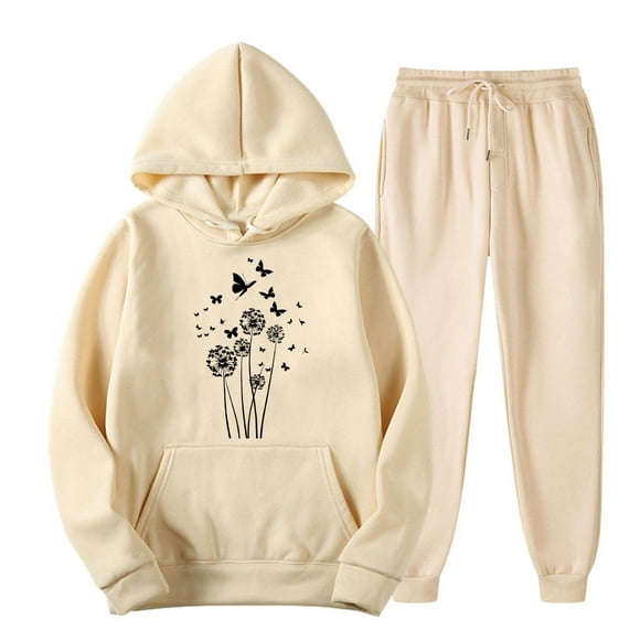 JURANMO Sweatsuits for Women Set, 2 Piece Outfits Matching Sets 2024 Fall Dandelion Print Hooded Sweatshirts and Sweatpants Tracksuits Joggers Sweat Sets Beige S