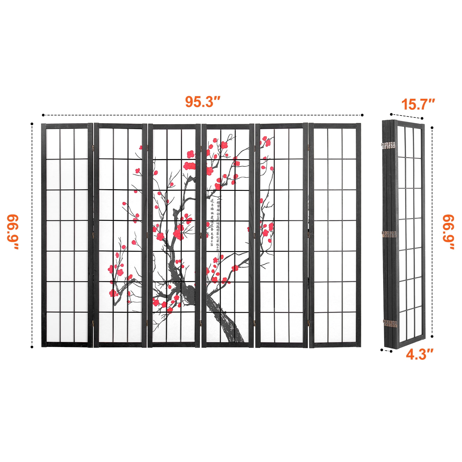 KFFKFF Partition Screen, 6-Section Indoor Privacy Barrier, Foldable Wooden Room Separator, Japanese-Style Portable Decorative Divider, Ideal for Living Space, Workspace, Dining Area