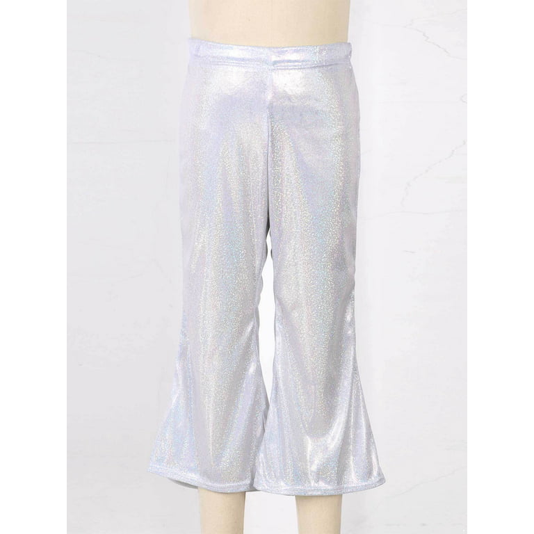 YONGHS Kids Girls Shiny Flare Pants Hip Hop Jazz Dance Bell Bottom Trousers  Silver 9-11 
