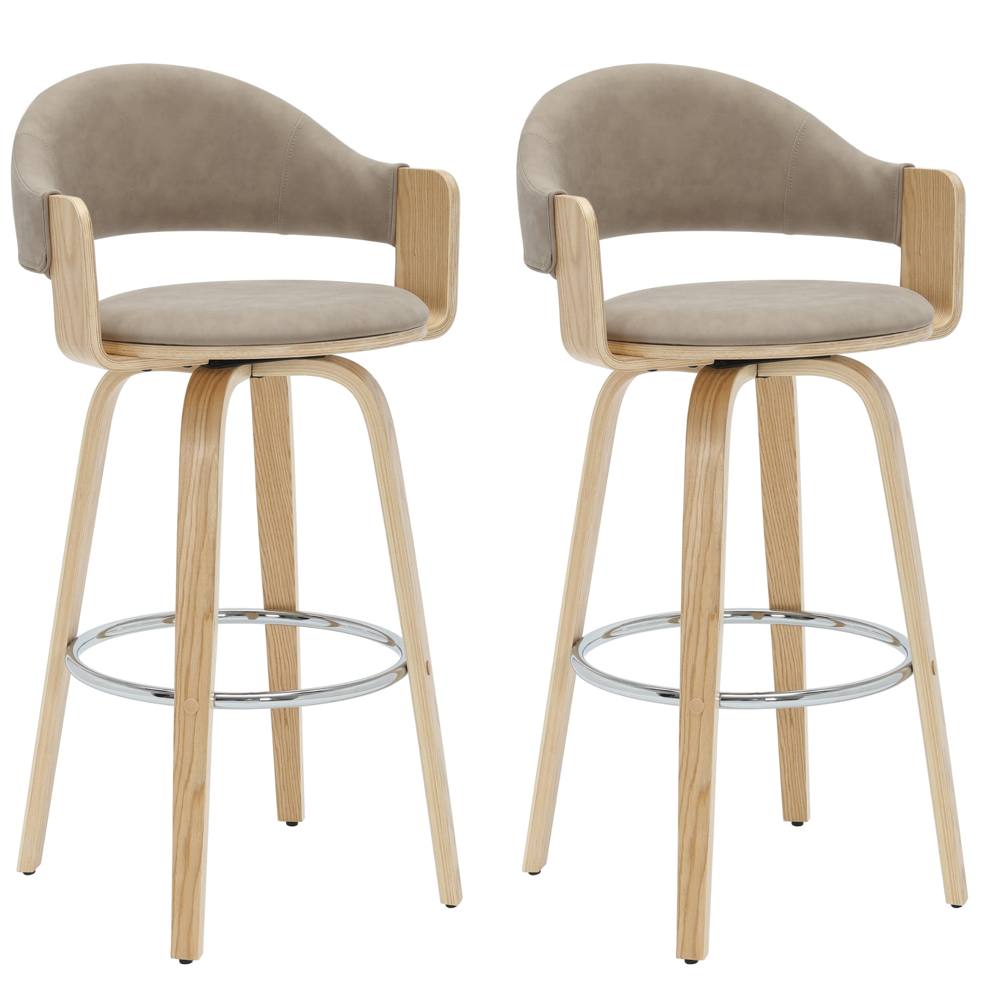 Daxton 40 in. H Swivel Bar Height Vintage Taupe Round Back Wood Bar Stool with Faux Leather Seat Set of 2