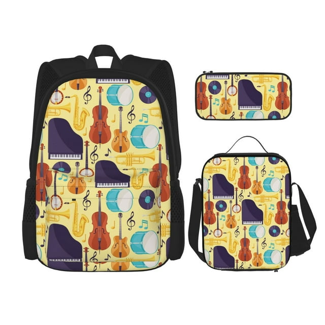 Adobk Musical Instruments PrintMulti-Functional 600D Backpack with Insulated Lunch Bag & Pencil Case Ergonomic Carry School Hiking Office