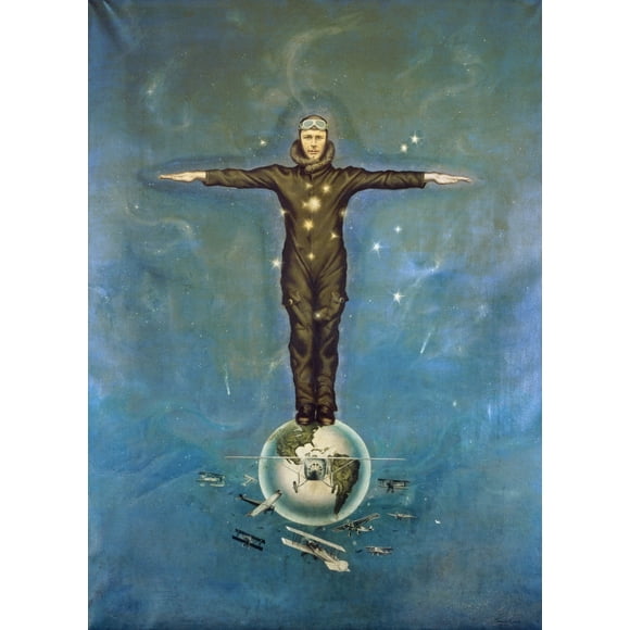 Charles Lindbergh /N (1902-1974). Aviateur Américain. 'Lindbergh au Sommet du Monde.' Peinture à l'Huile par Theodore Labonte, 1928. Affiche Imprimée par (18 x 24)