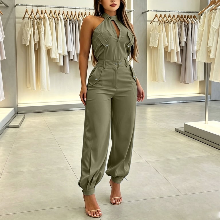 mihongmao Dressy Outfits for Ladies Club Sets Women Stand Collar Sleeveless Tops High Waist Ankle Strap Overalls Suit Army Green XL