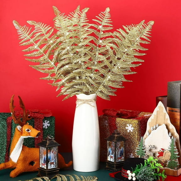 Darzheoy 12 Pcs Christmas Artificial Leaves, Glitter Golden Fake Floral Spray Picks Branches Twig for Xmas Tree Wreath Wedding Bouquet Decoration