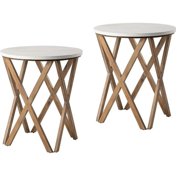 Pedestal Farmhouse End Table Set of 2, Distressed White Top with 4-Legs Base for Modern Farmhouse, Boho Decor, Round