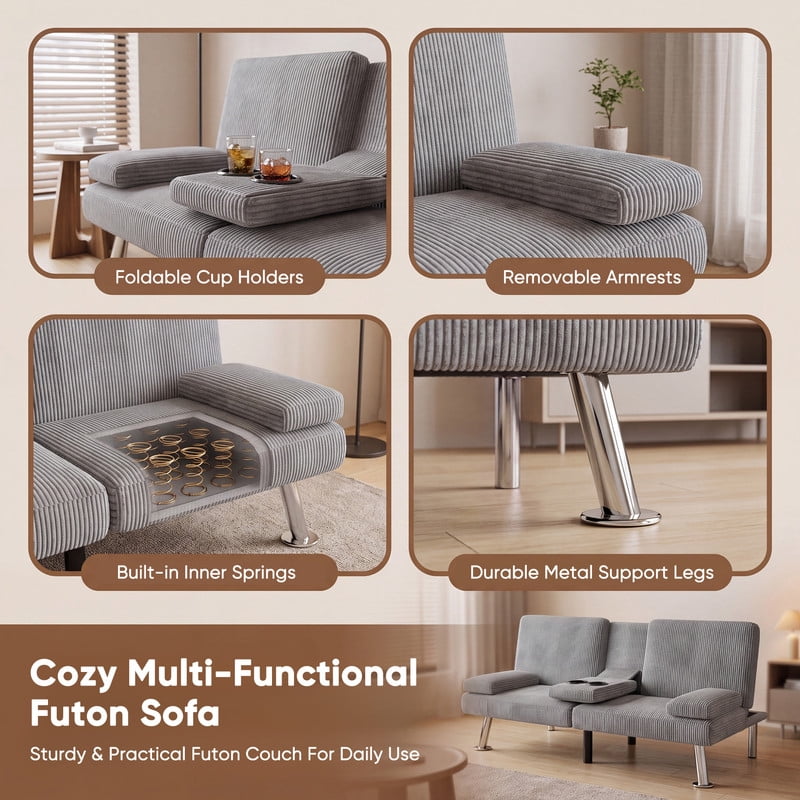 Lacoo Futon Sofa Bed, Corduroy Convertible Couch Sleeper Sofa, Cup Holders, Small Spaces, Gray