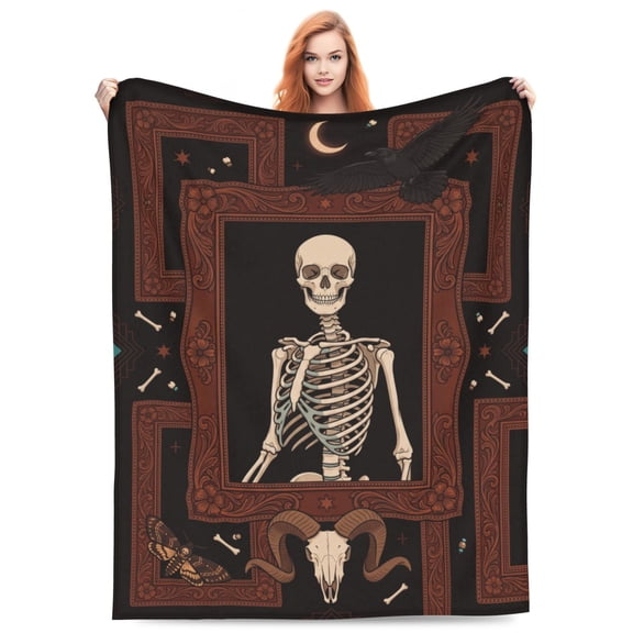 Gothic Skull Witchy Blanket, Vintage Skeleton Picture Frame Throw Blanket, Soft Cozy Flannel Blanket for Horror Lovers, Sofa, Couch, Bed, Halloween Decor 50x40