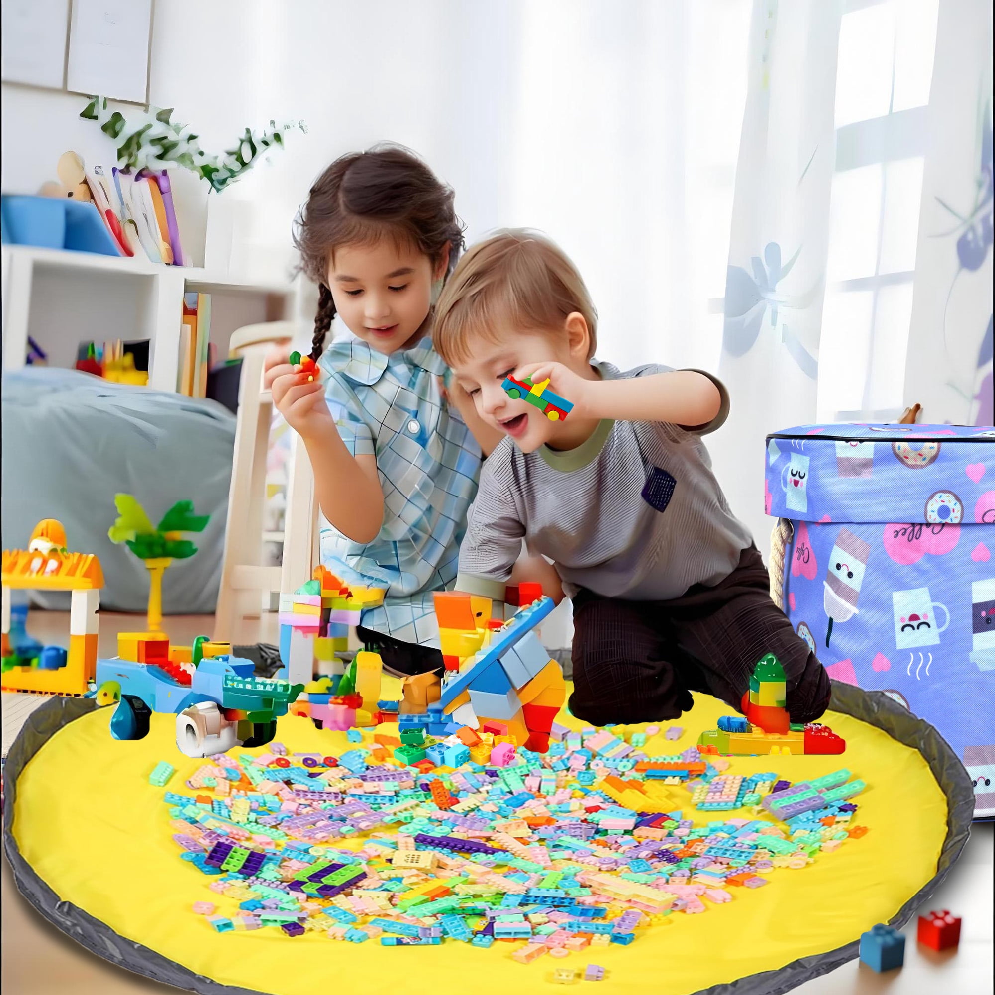NIETEIN Kids Toy Storage Basket with Play Mat for Building Bricks Collapsible Canvas Organizer Bag (Love Donuts)