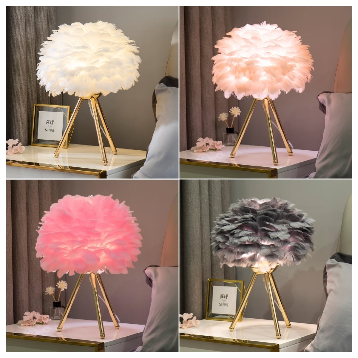 Modern Artichoke Plug-in Table Light Feather 1 Light Girls Room Nightstand  Lamp in Pink/Grey/White - Clearhalo