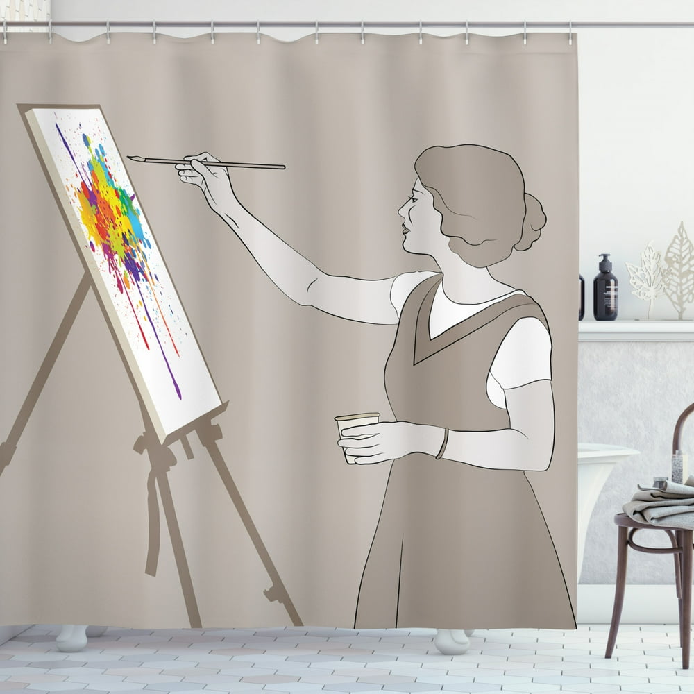 Fine Art Shower Curtain, Lady Painting onto Canvas Colorful Paint