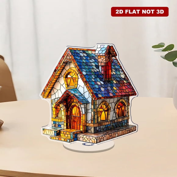 Rotating acrylic ornament featuring a cute stained glass house in rich, clear colors showcasing intricate details and vibrant hues
