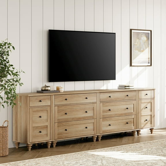 WAMPAT Farmhouse TV Stand for 100 Inch TV, 3-in-1 TV Console Table with 8 Drawers and 2 Storages, Entertainment Center with Charging Station for Living Room, Oak
