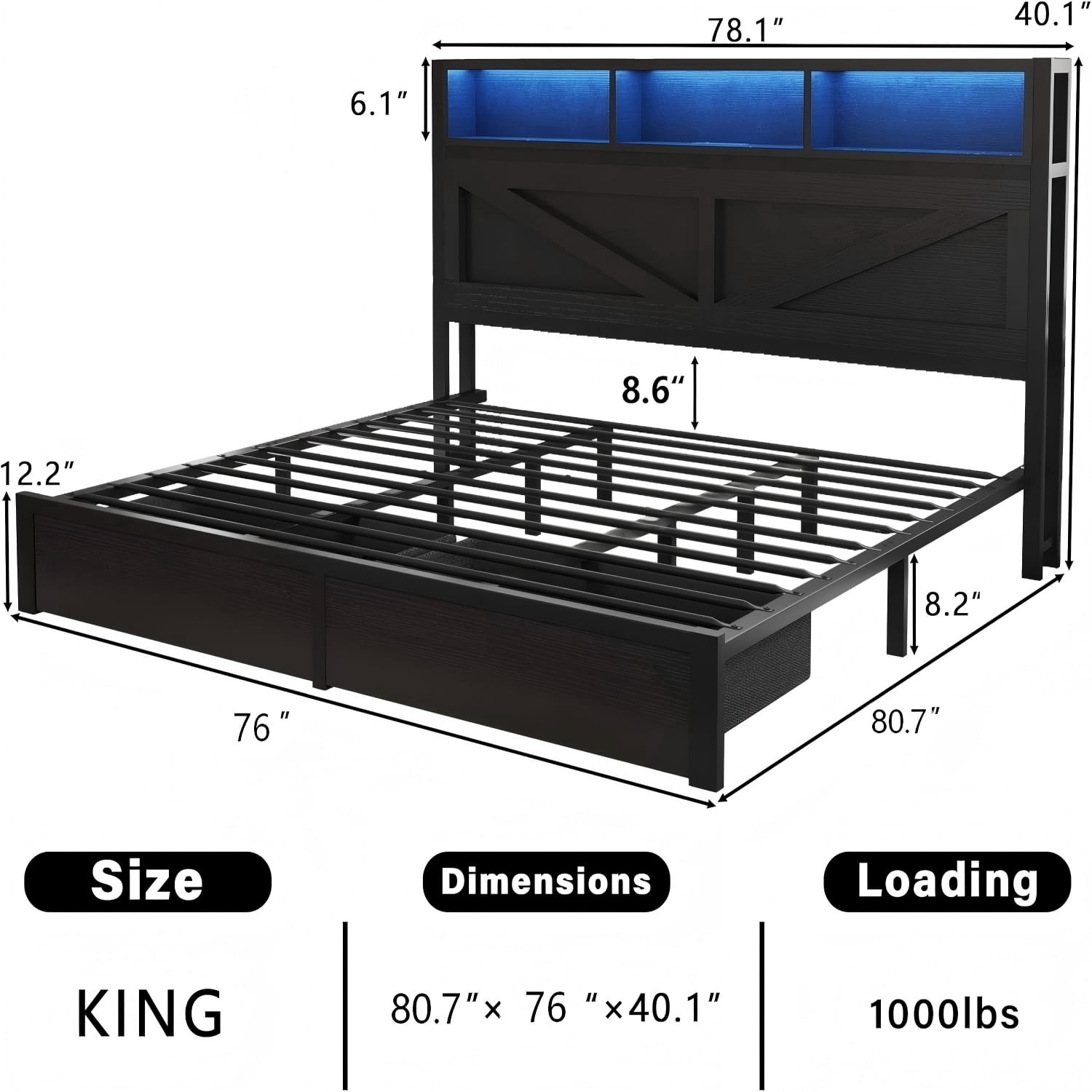 NHIXSOM Farmhouse King Bed Frame with LED Headboard, Charging Station and Storage Drawers, Farmhouse Style, Easy Assembly, Black