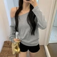 thumbnail image 3 of Women Sexy Off The Shoulder Long Sleeve Tops Y2k Going Out Tops Fit T-Shirts Grey L, 3 of 8