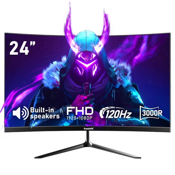 Gawfolk 24-Inch Curved Gaming Monitor 120Hz Full HD 1080P Built-In Speakers Tilt Adjustable
