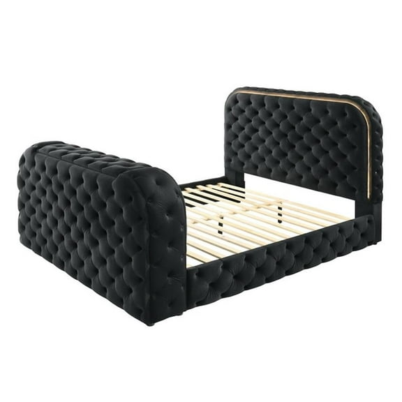 Bowery Hill Velvet Fabric Upholstered Eastern King Bed with LED in Black
