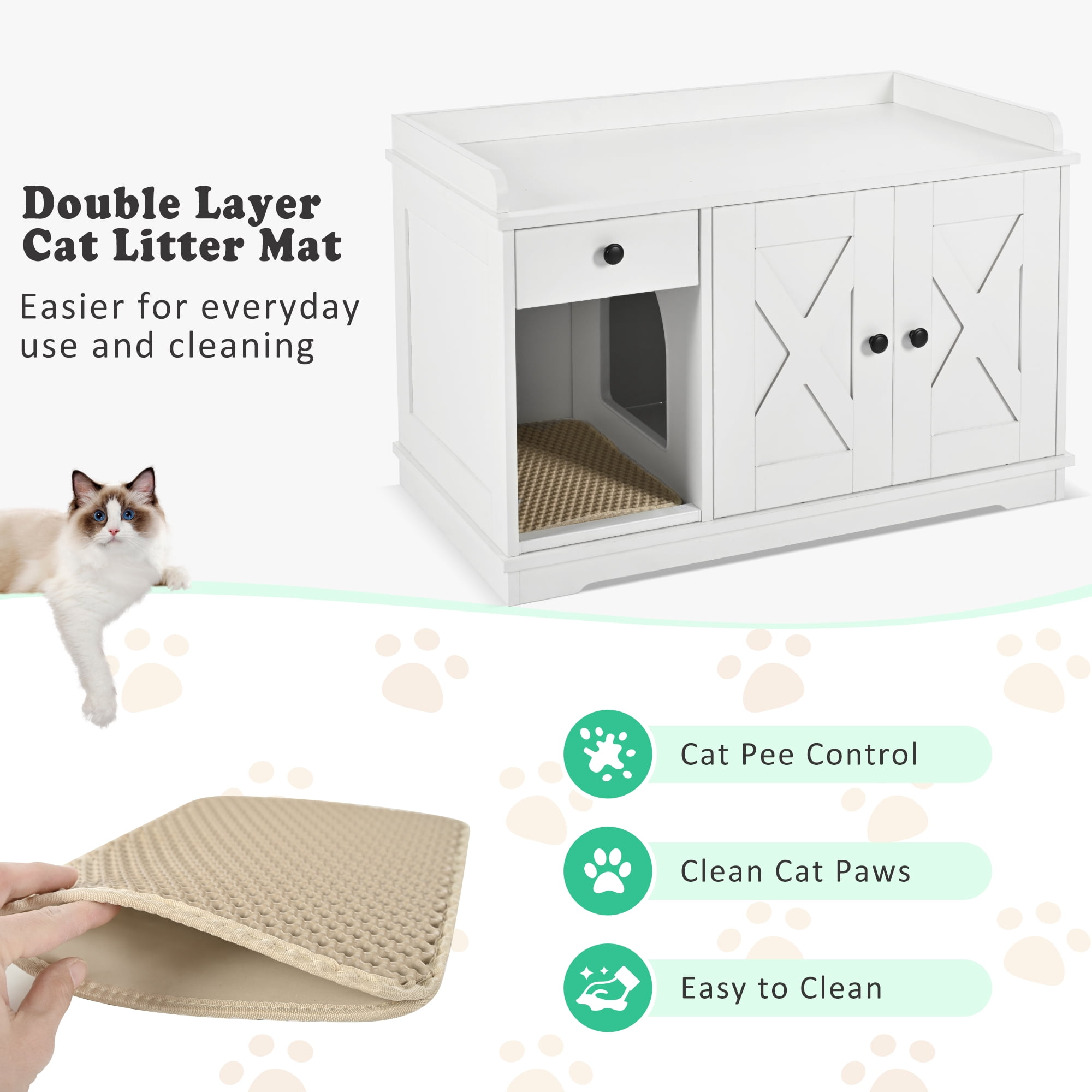 Euroco All-in-One Cat Litter Box Furniture with Drawer, Hidden Litter Box Enclosure, Winding Entrance, Storage Shelf, and Built-In Litter Mat