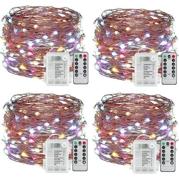 Guirlandes Lumineuses Piles, 4 Paquet 3*aa Aliment Par Pile Fil De Cuivre Tlcommande Minuterie Etanche Led Lumires De Luciole Pour Chambre, Jardin, N