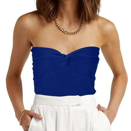 

YANHOO Women s Going Out Tops Twist Knot Front Knit Tube Sexy Strapless Ribbed Sleeveless Y2K Crop Tank Bustier Corset Top