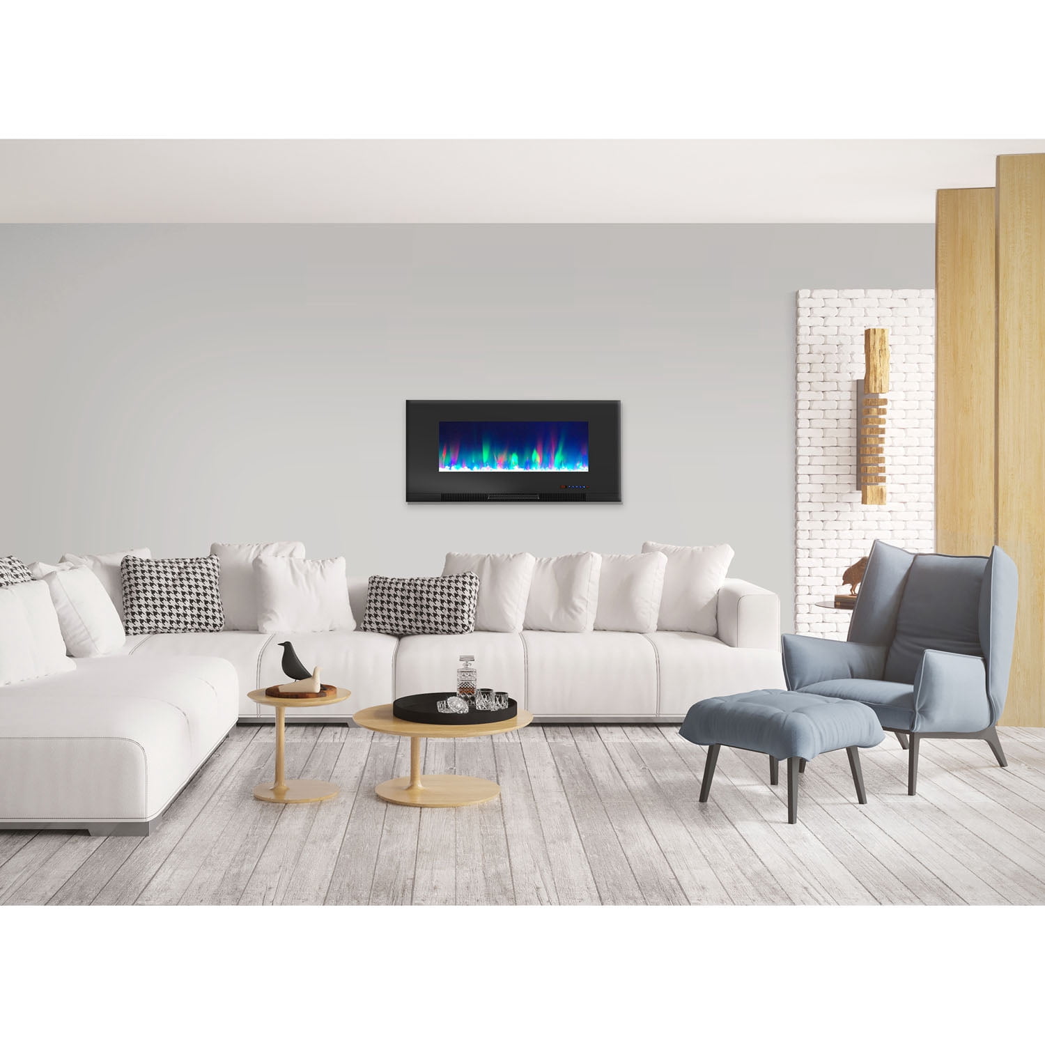 Hanover 42 In. Wall-Mount Electric Fireplace in Black with Multi-Color Flames and Crystal Rock Display