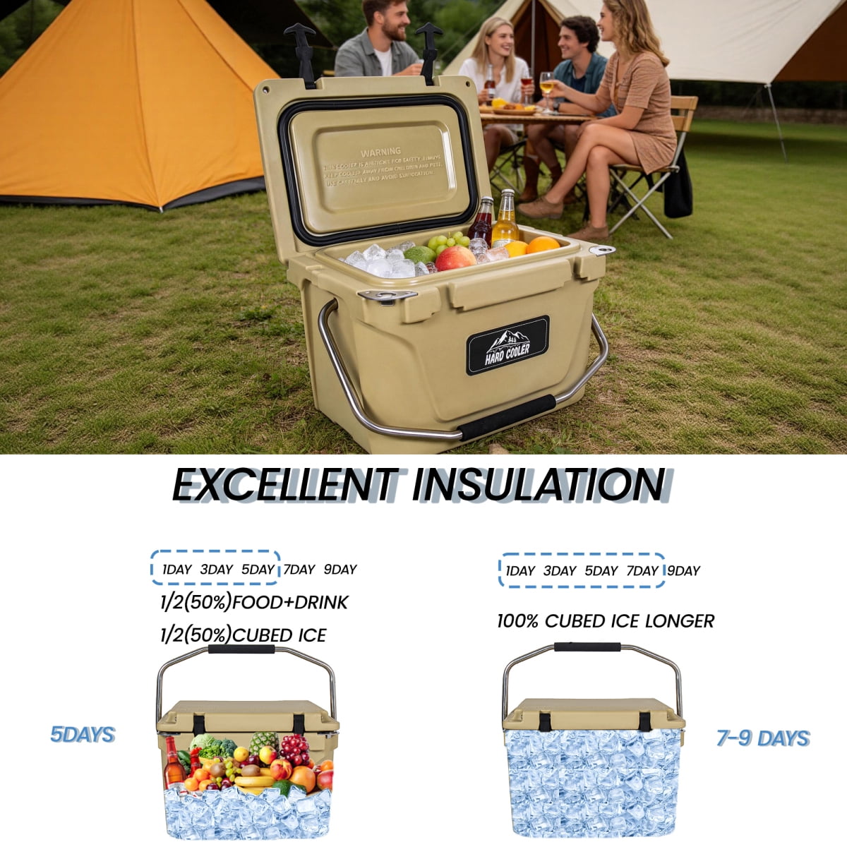 20 Quart Khaki Cooler, Ultra-Light Insulated Ice Chest, Heavy-Duty Hard Shell Cooler with 6-Day Ice Retention for Camping, Tailgating, Job Site, Multiple Sizes Available
