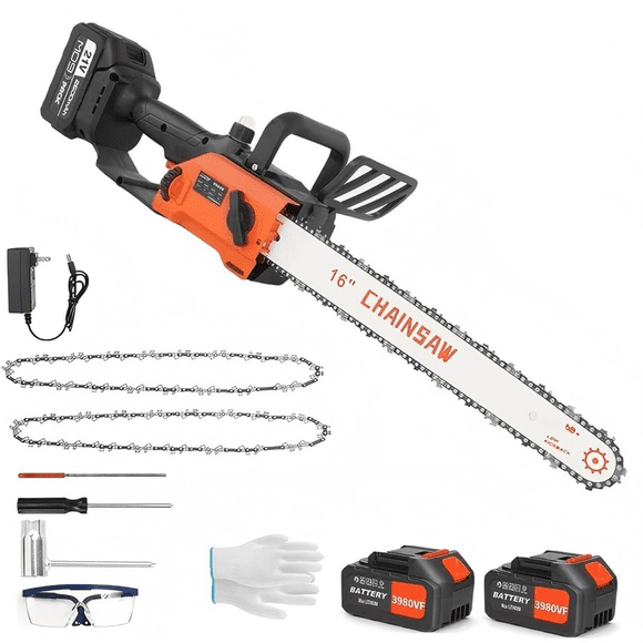 SUSUZI 16-inch Cordless Electric Chainsaw with Brushless Motor, 28,500 RPM, 34.9 FT/S Chain Speed, Includes 2 x 4.5Ah Batteries, 2 Chains,Portable Handheld Wood Cutting Tool