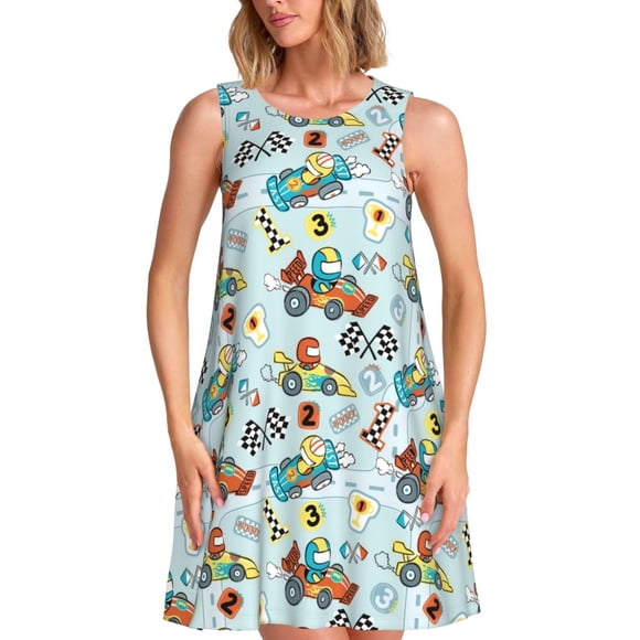 Bixox Cartoon Car Racing Print Women's Sleeveless A-Line Dress with Pockets, Casual Knee-Length Tank Dress for Summer-Large
