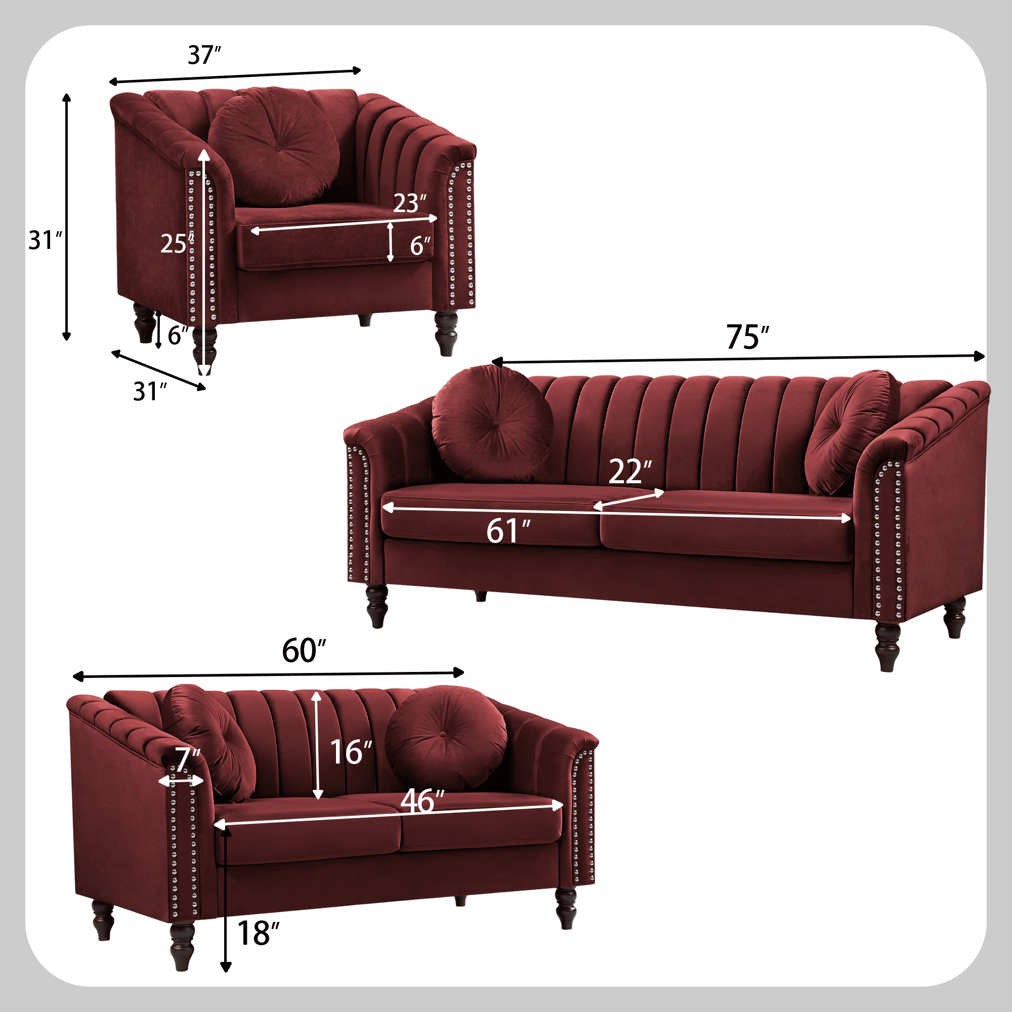 Aukfa 2 Pieces Sectional Sofa Couch Set, 21" Deep Seat Sofa for Living Room, 3 Seat Sofa, Loveseat,Red