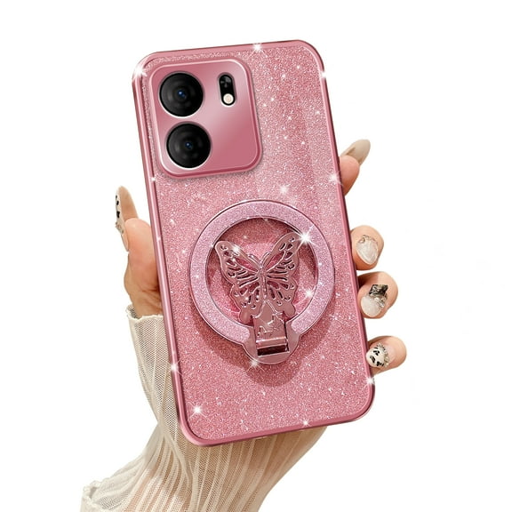 Fyxkocm Phone Case for BLU View 5 [Compatible with Magsafe] with Butterfly Kickstand & Lanyard Soft TPU Bling Clear Shockproof Protection Cover for BLU View 5 Case, Rose Gold