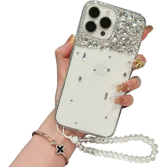 Compatible with iPhone 14 Pro Max Bling Rhinestone Bead Chain Bracelet Diamond Crystal Glitter Clear Fashion Protective Shockproof Case Cover for Girls Women