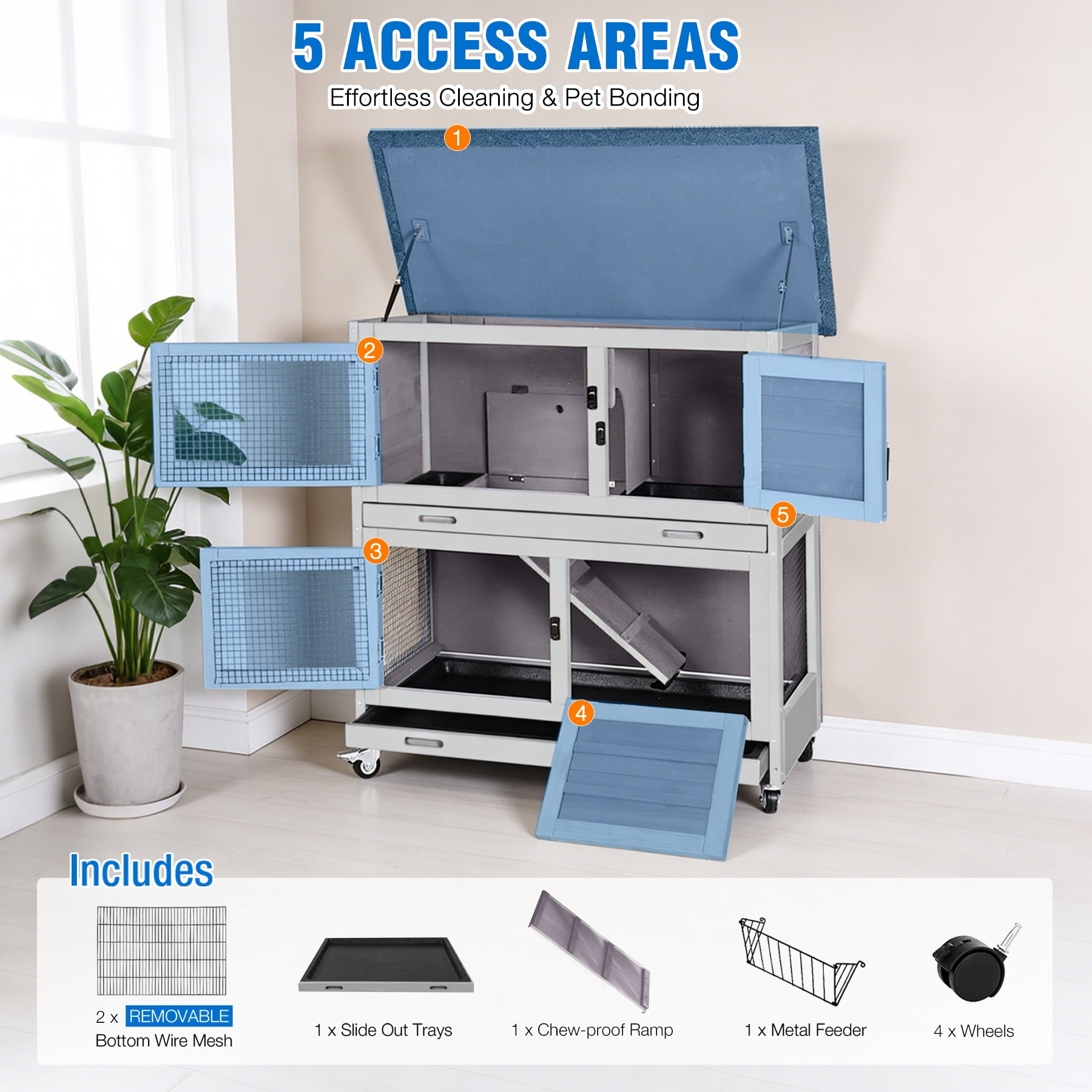 Suumerpety Wooden Rabbit Hutch on Wheels Indoor Outdoor Rabbit Cage 2 Story Bunny Hutch with Leakproof Tray Anti Chew Ramp 36"L Guinea Pig Cage Gray
