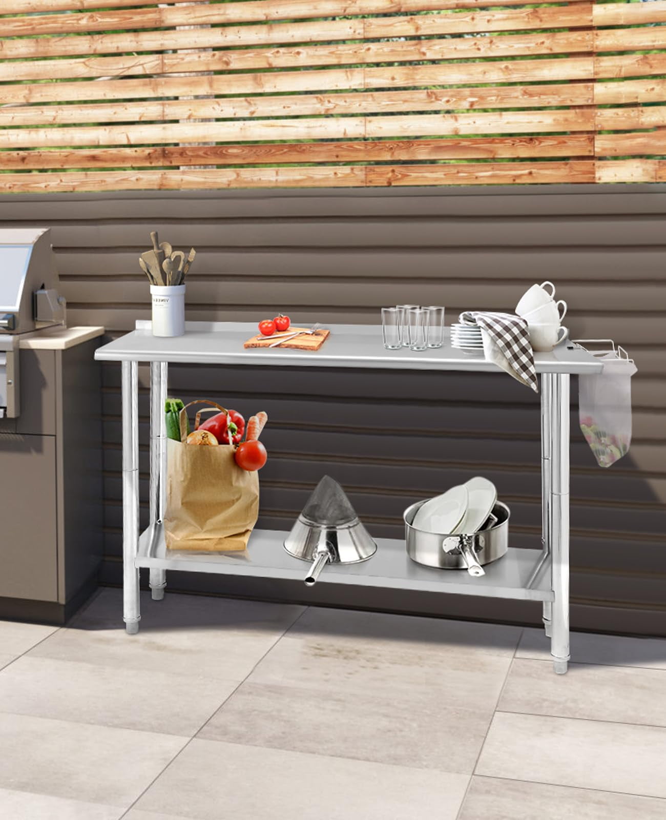 Danolapsi Stainless Steel Table 60" x 24",Kitchen Prep Table,NSF Stainless Steel Metal with Backsplash,Adjustable Undershelf,5 Hooks,Heavy Duty Workbench Workstation Work Table for Restaurant and Home