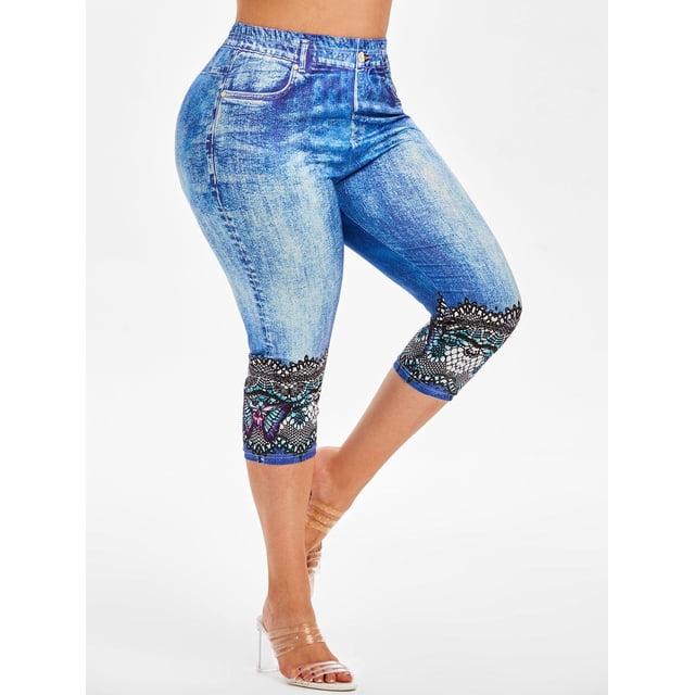 Talla grande 3D Lace Denim Print Getgings Rosegal Leggings de talla grande