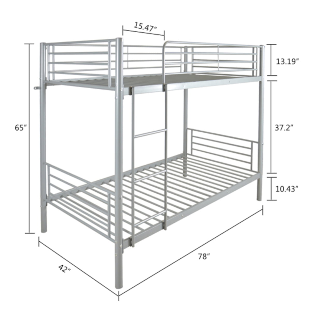 Alvantor Twin over Twin Metal Bunk Bed with Reversible Ladder and 13.19-Inch Guardrails, Gray