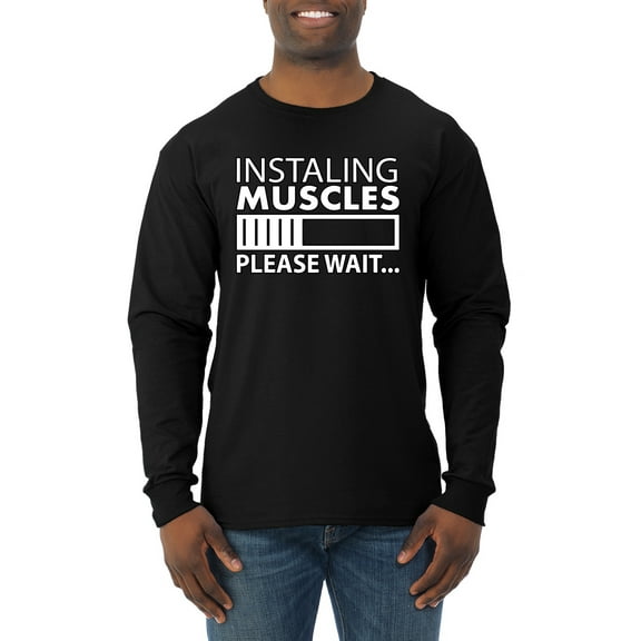 Wild Bobby Installing Muscles Please Wait Gym/Workout Men Long Sleeve Shirt, Black, Small