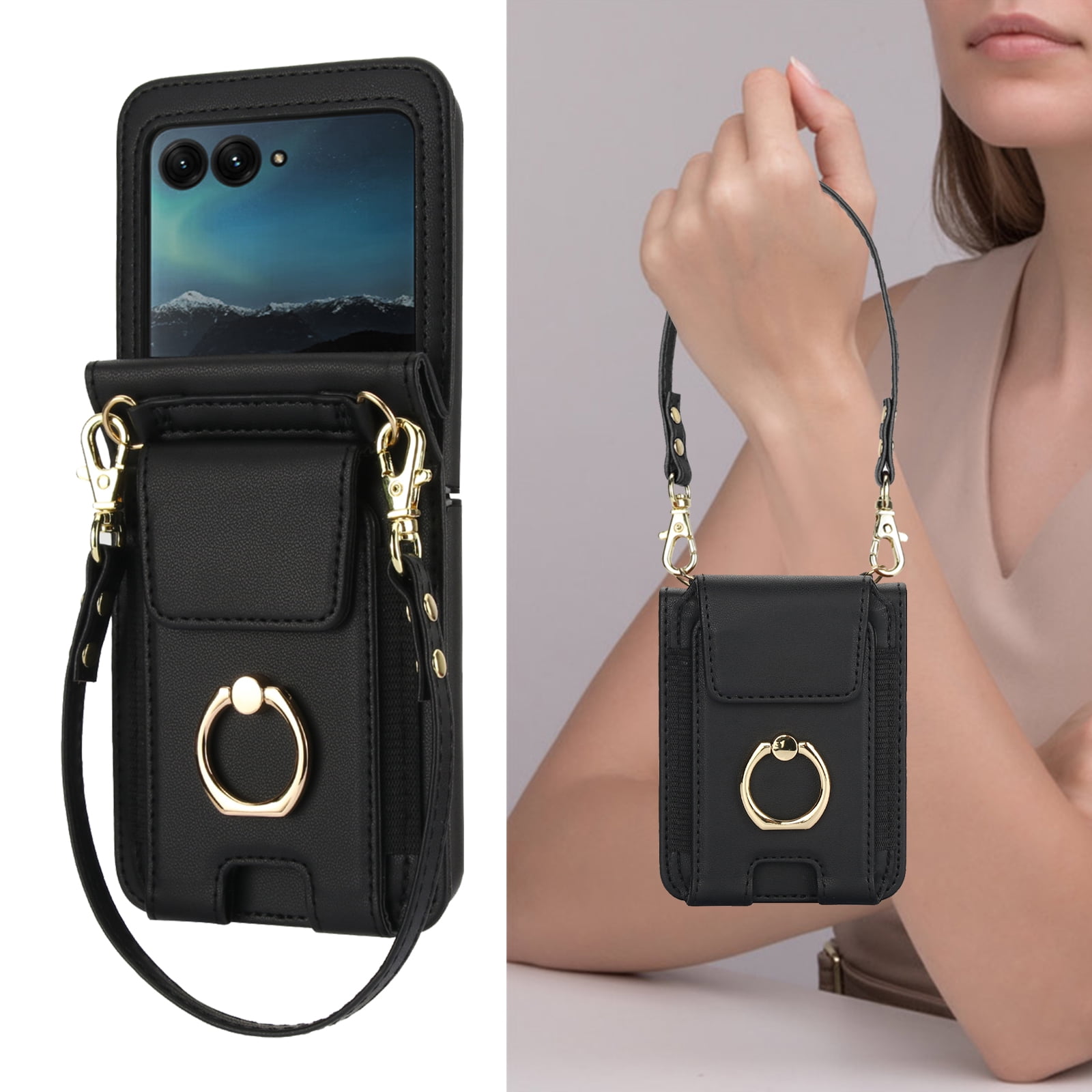 for Motorola Razr 2024 Case, Retro PU Leather Shockproof Protection Phone Case Wallet Built in Credit Card Slots Flip Cover Finger Ring Stand with Long Strap + Short Strap, Black