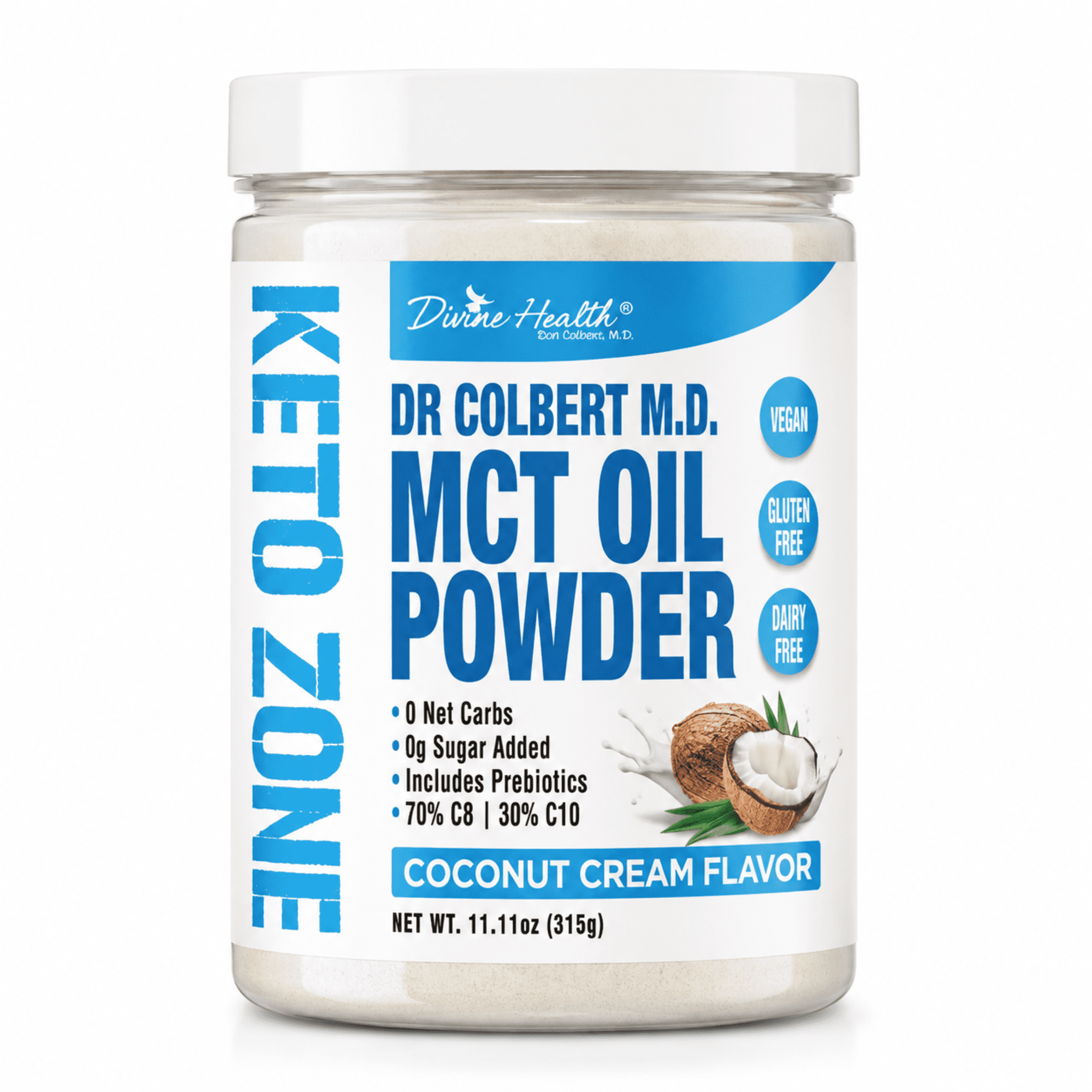 Dr. Colbert, MD MCT Oil Powder | Coconut Cream Flavor | by Divine Health | Keto Zone | 75/C8 25/C10 | 0 Net Carbs | 30 Day Supply | 315g