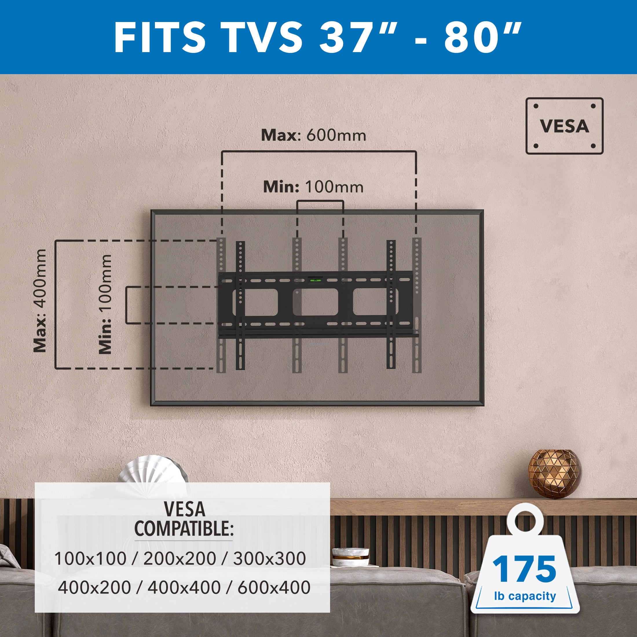 Mount-It! Low-Profile TV Wall Mount, Fits 37" to 80" TV's, 175 lbs. Capacity, Slim Design, Heavy Duty